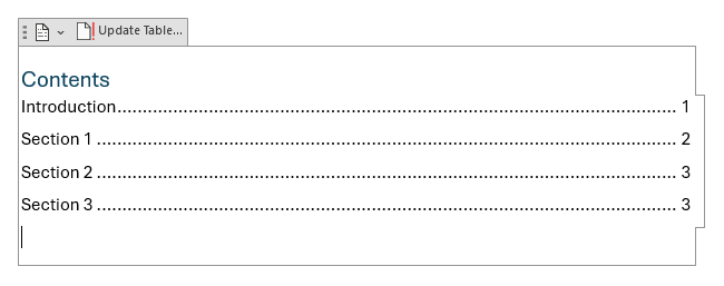 An example table of contents in Word